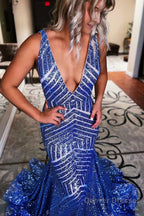 Light Purple Deep V Neck Sequin Mermaid Prom Dress