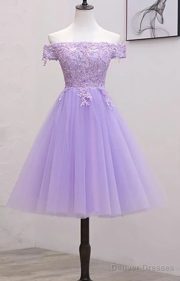 Light Purple Lace And Tulle Off The Shoulder Homecoming Dress, Short Party Dress Main image