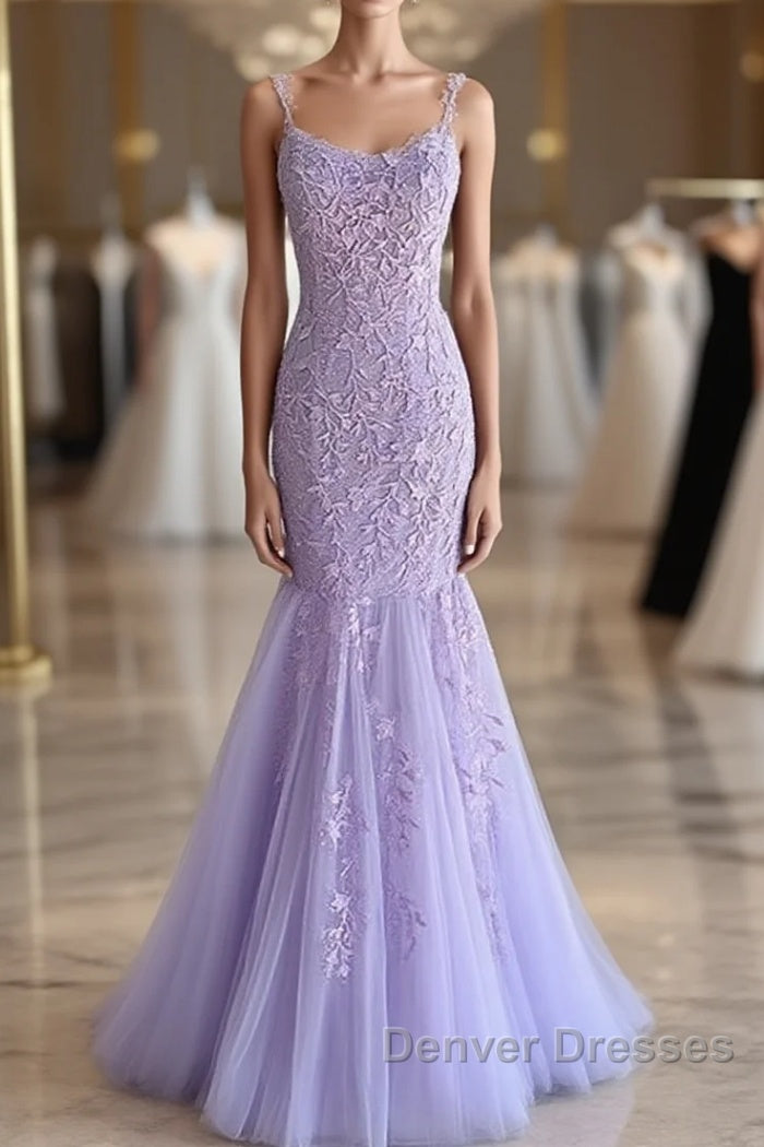 Light Purple Lace Mermaid Prom Dress, Purple Lace Mermaid Formal Evening Dress