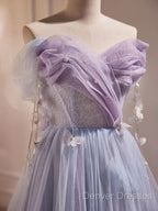Light Purple Off Shoulder Sweetheart Long Formal Dress, Light Purple Tulle Prom Dress