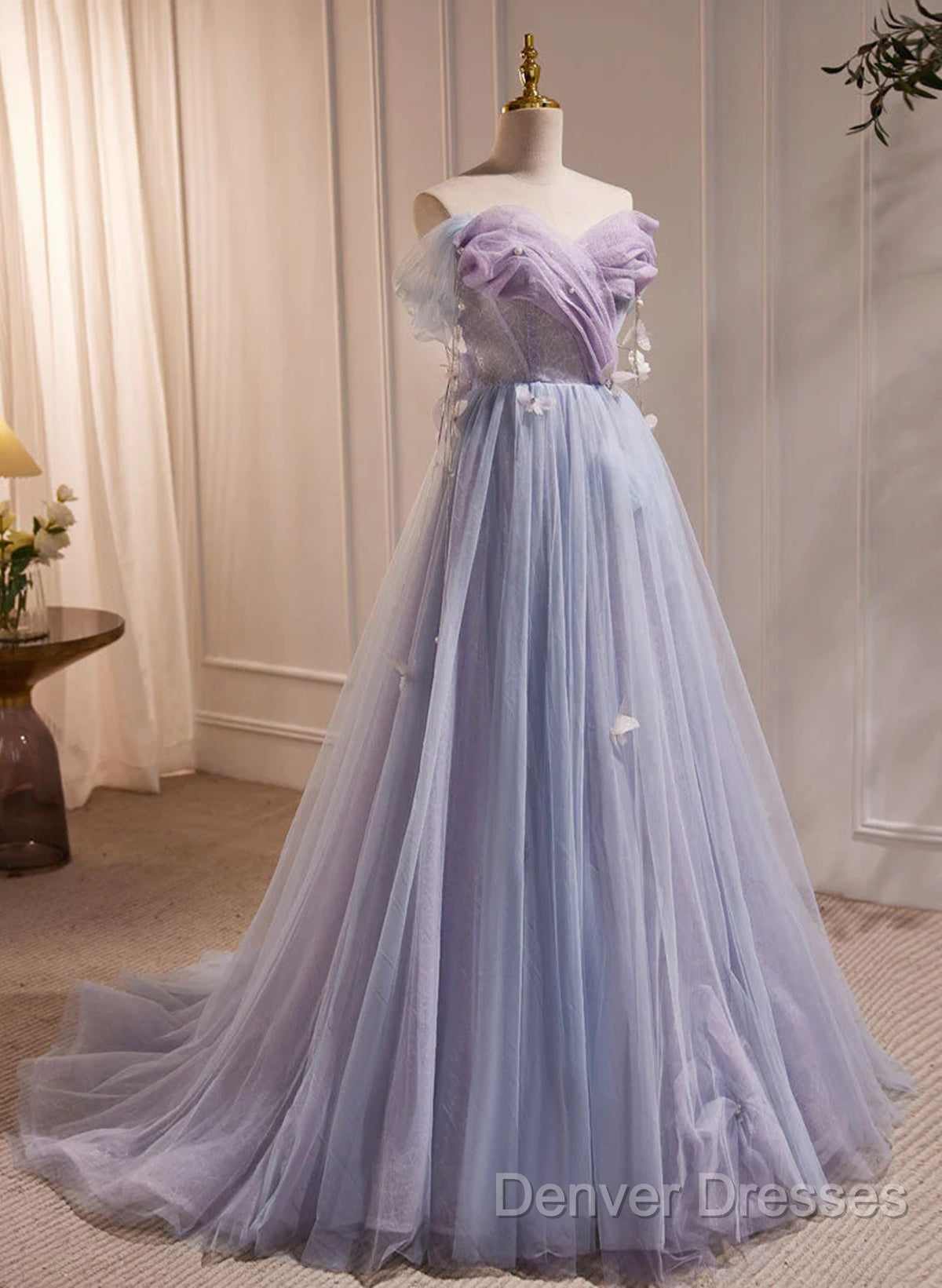Light Purple Off Shoulder Sweetheart Long Formal Dress, Light Purple Tulle Prom Dress