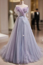 Light Purple Off Shoulder Sweetheart Long Formal Dress, Light Purple Tulle Prom Dress