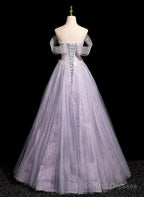 Light Purple Off Shoulder Tulle Long Party Dress, A-Line Light Purple Prom Dress