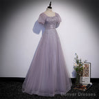 Light Purple Sequins Short Sleeves Party Dress, Purple Formal Dresses