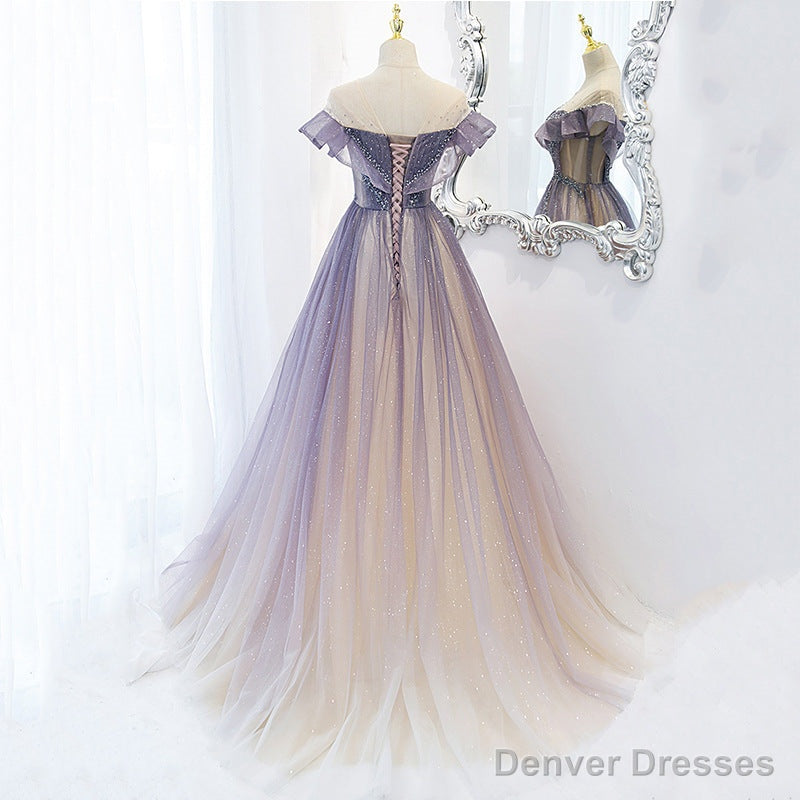 Light Purple Shiny Tulle Gradient A-line Sweetheart Prom Dress, Long Tulle Formal Dress
