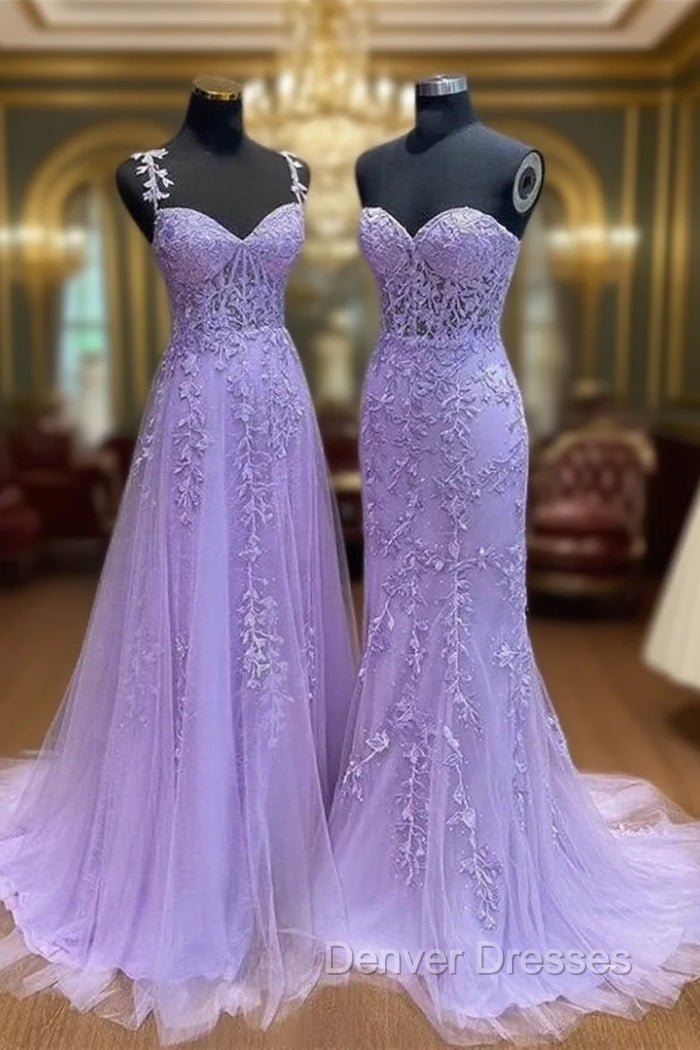 Light Purple Sweetheart Lace Long Formal Gown, Purple Lace Prom Dress Main image