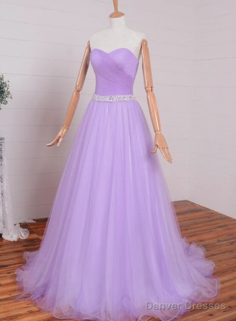 Light Purple Sweetheart Simple Beaded Waist Long Party Dress, Tulle Evening Gown Prom Dress Secondary image