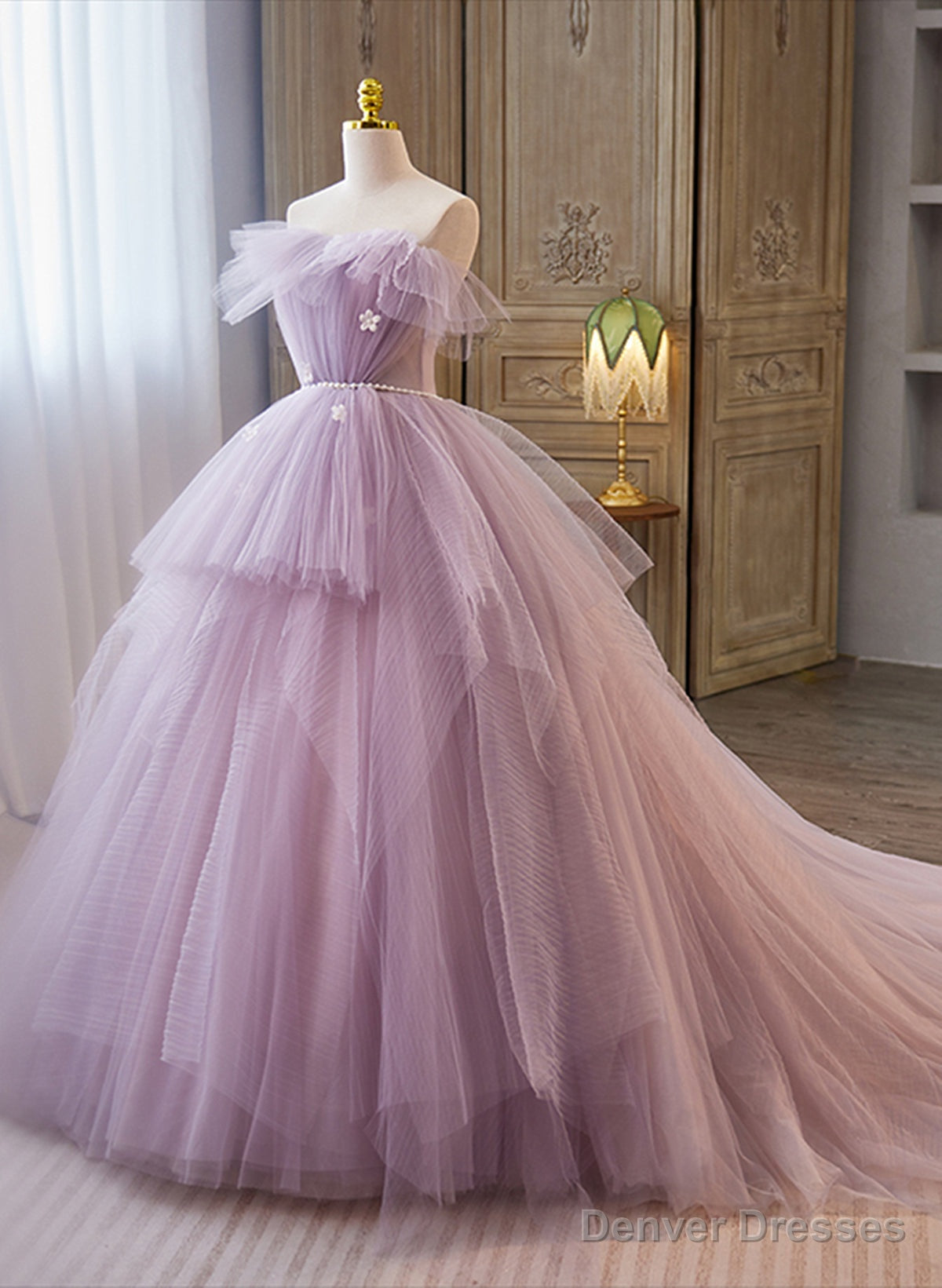 Light Purple Tulle Ball Gown Long Sweet 16 Dress, Off Shoulder Light Purple Formal Dress Main image