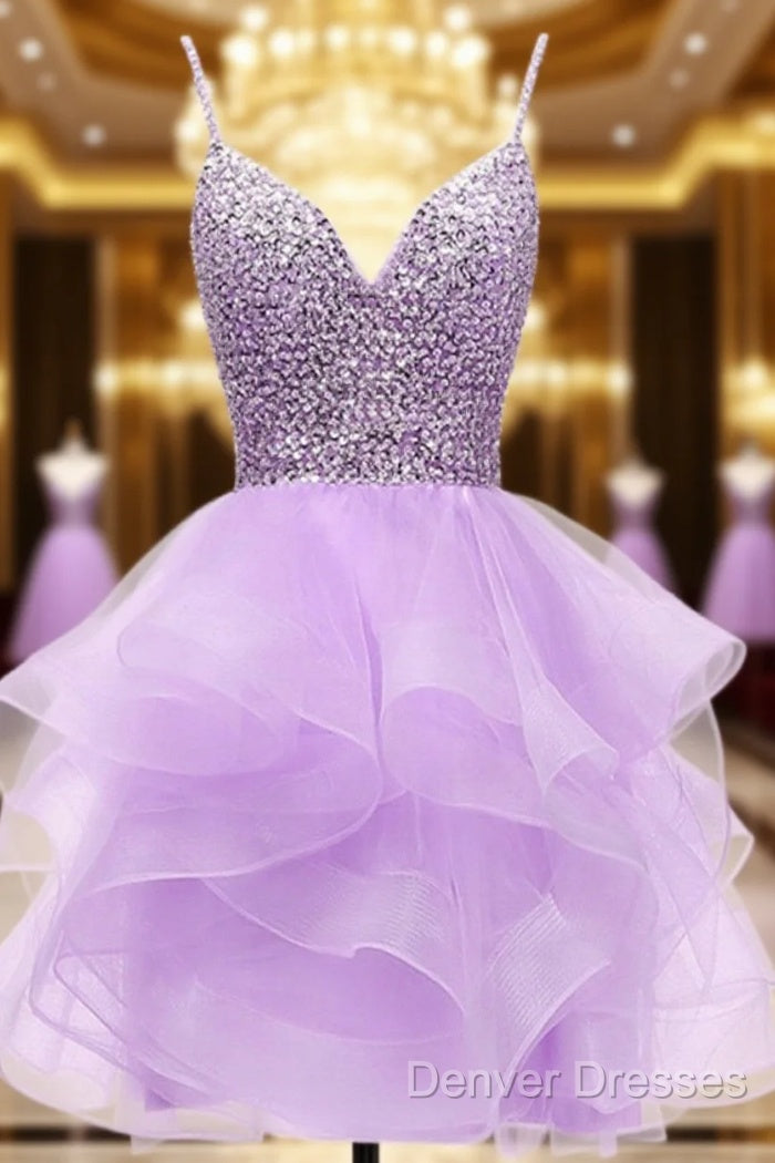Light Purple Tulle Beaded Short Homecoming Dress, Light Purple Short Prom Dress