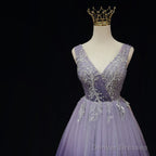 Light Purple Tulle Gradient Lace Applique Formal Dress, Beautiful Long Prom Dress