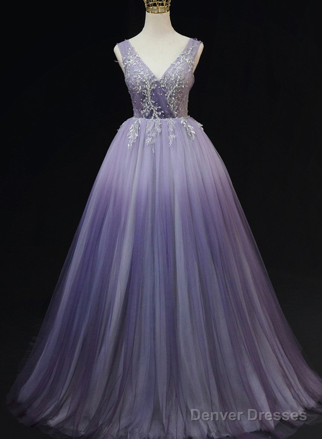 Light Purple Tulle Gradient Lace Applique Formal Dress, Beautiful Long Prom Dress