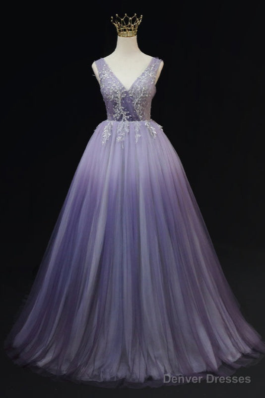 Light Purple Tulle Gradient Lace Applique Formal Dress, Long Prom Dress