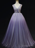 Light Purple Tulle Gradient Lace Applique Formal Dress, Long Prom Dress