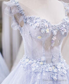 Light purple tulle lace long prom dress, blue evening dress