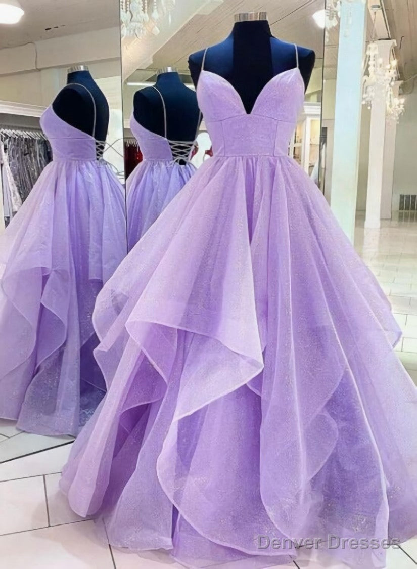 Light Purple Tulle Lace-up Layers Long Evening Gown, Shiny Tulle Junior Prom Dresses Main image
