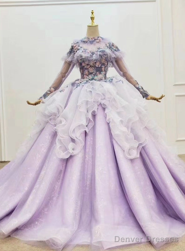 Light Purple Tulle Long Sleeve Appliques Beading Wedding Dress Main image
