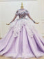 Light Purple Tulle Long Sleeve Appliques Beading Wedding Dress