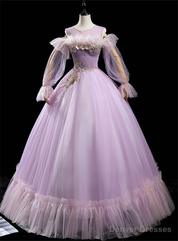 Light Purple Tulle Long Sleeve Appliques Pleats Feather Quinceanera Dress