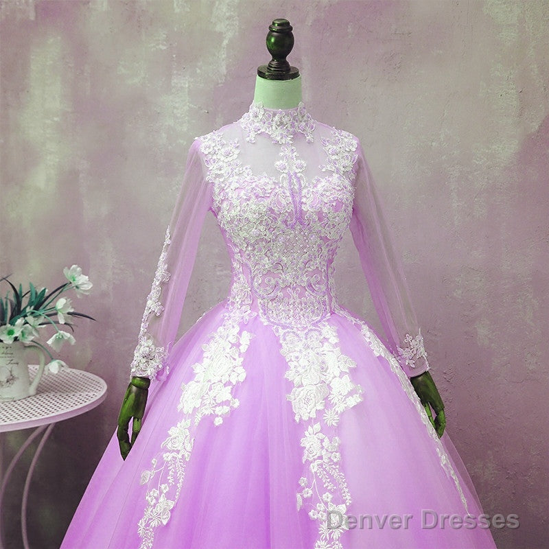 Light Purple Tulle Long Sleeves Applique Sweet 16 Gown, Beautiful Evening Dress Formal Dress Secondary image