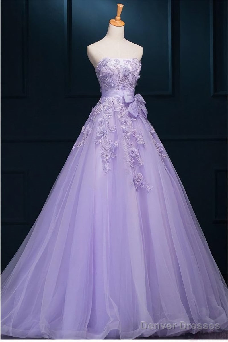 Light Purple Tulle Long Sweet 16 Dress with Bow, Lace Applique Purple Prom Dress Party Dress Main image