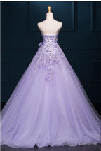 Light Purple Tulle Long Sweet 16 Dress with Bow, Lace Applique Purple Prom Dress Party Dress