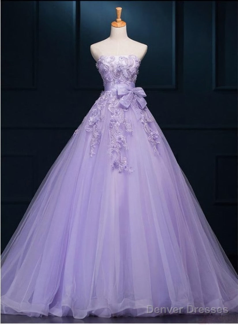 Light Purple Tulle Long Sweet 16 Dress with Bow, Lace Applique Purple Prom Dress Party Dress Secondary image