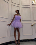 Light Purple Tulle Mini Prom Dress Strapless Pleated Homecoming Dress