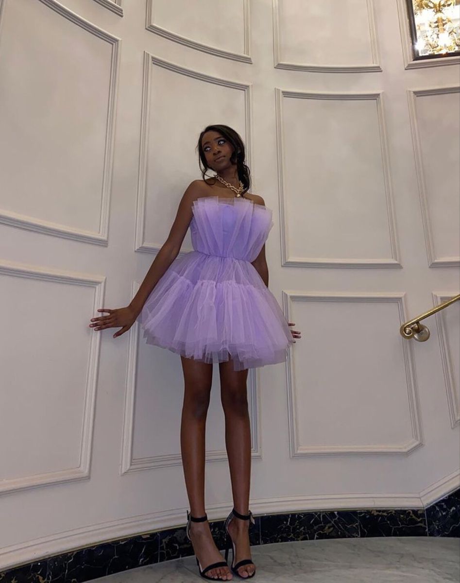 Light Purple Tulle Mini Prom Dress Strapless Pleated Homecoming Dress
