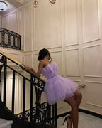 Light Purple Tulle Mini Prom Dress Strapless Pleated Homecoming Dress
