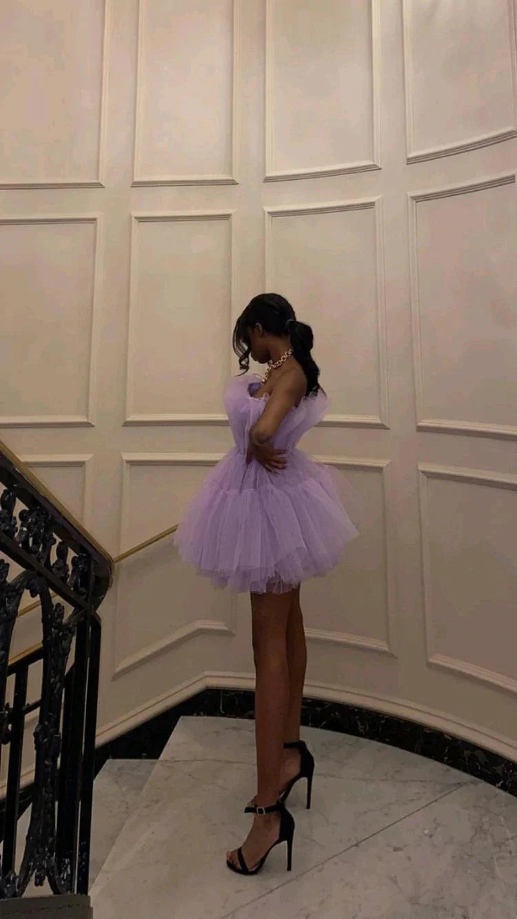 Light Purple Tulle Mini Prom Dress Strapless Pleated Homecoming Dress