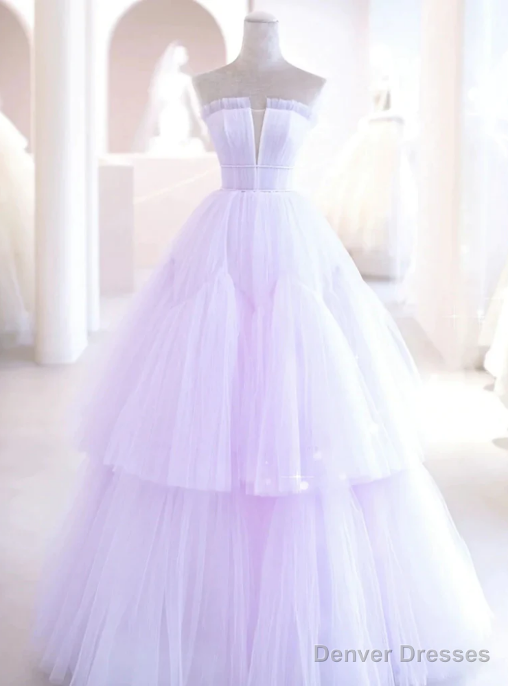 Light Purple Tulle Strapless Pleats Beading Prom Dress Main image