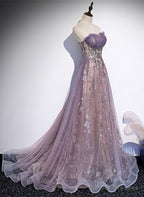 Light Purple Tulle with Lace A-line Floor Length Party Dress, Light Purple Evening Dress