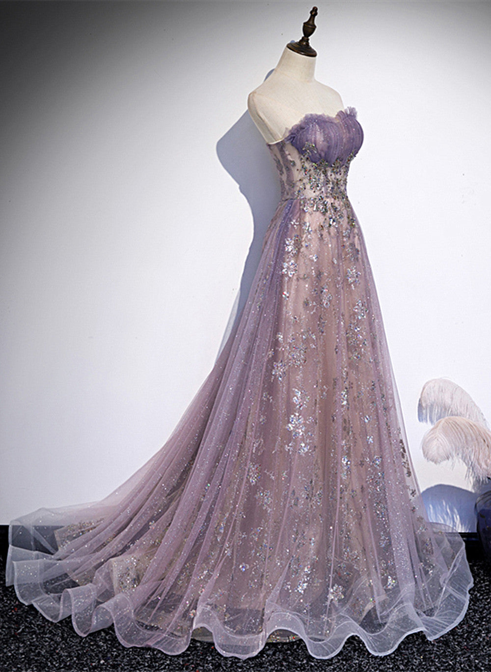 Light Purple Tulle With Lace A-Line Party Dress, Purple Long Formal Dress Evening Dress
