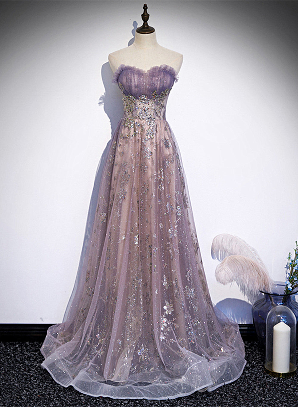 Light Purple Tulle With Lace A-Line Party Dress, Purple Long Formal Dress Evening Dress Main image