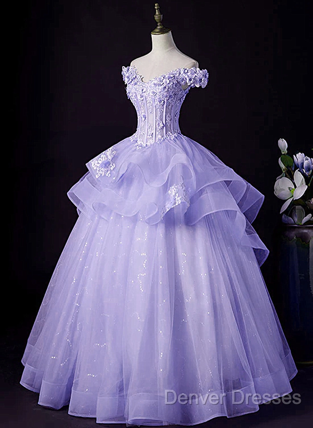 Light Purple Tulle With Lace Off Shoulder Sweet 16 Dress, Light Purple Formal Dress