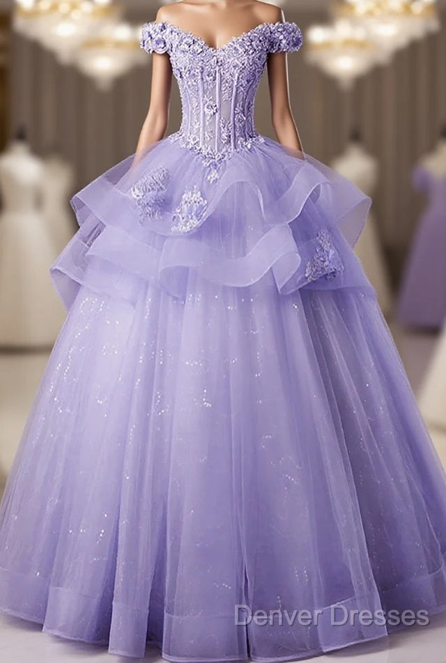Light Purple Tulle With Lace Off Shoulder Sweet 16 Dress, Light Purple Formal Dress Main image