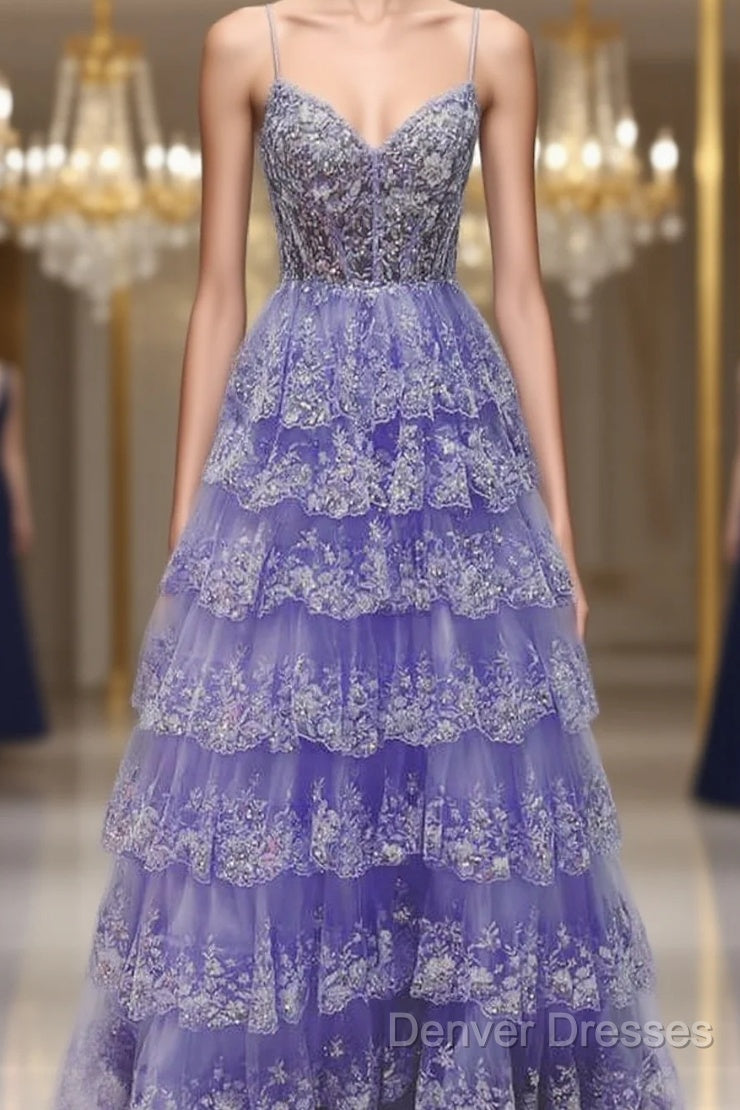 Light Purple V Neck Layered Lace Prom Dress Main image
