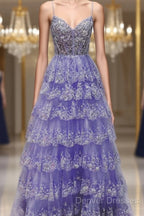 Light Purple V Neck Layered Lace Prom Dress