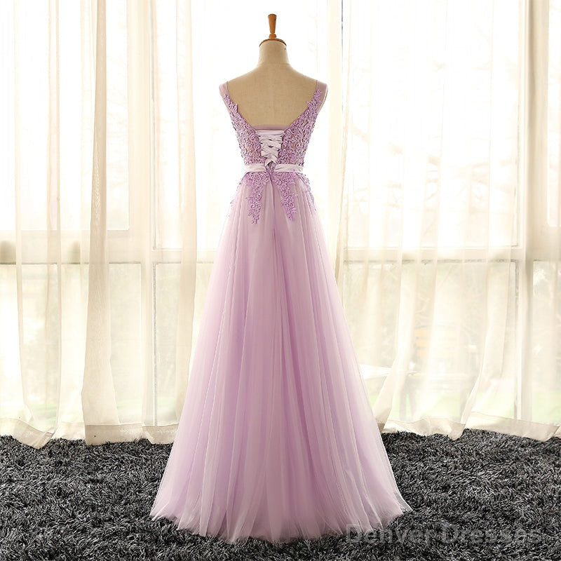 Light Purple V-neckline Long Formal Dress, Tulle Lace Applique Bridesmaid Dress