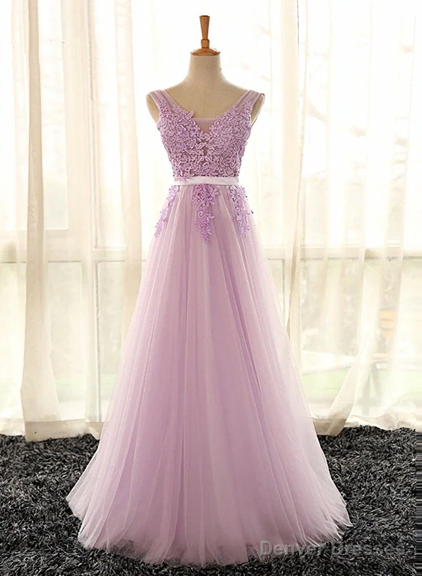 Light Purple V-neckline Long Formal Dress, Tulle Lace Applique Bridesmaid Dress Secondary image