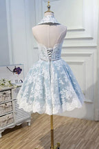 Light Sky Blue Halter Homecoming with Lace Appliques Cute Short Formal Dress