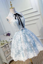 Light Sky Blue Halter Homecoming with Lace Appliques Cute Short Formal Dress