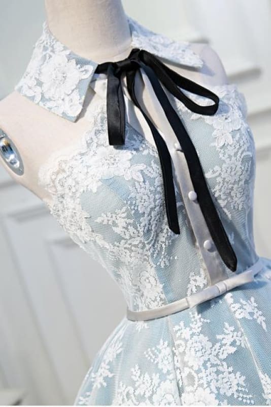 Light Sky Blue Halter Homecoming with Lace Appliques Cute Short Formal Dress