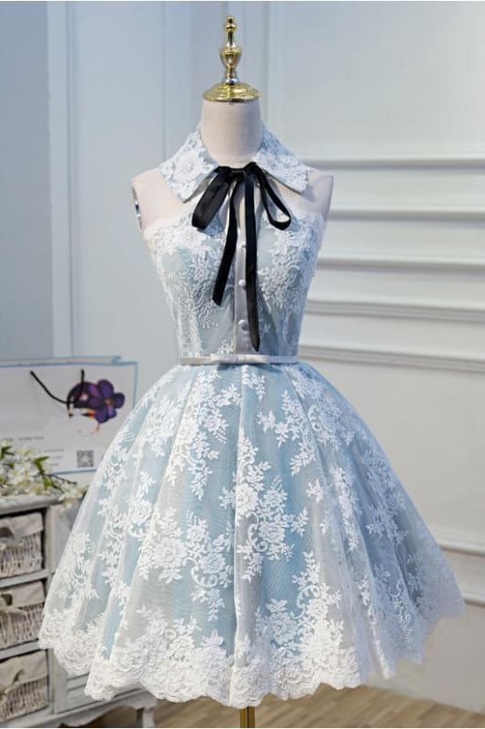 Light Sky Blue Halter Homecoming with Lace Appliques Cute Short Formal Dress Main image