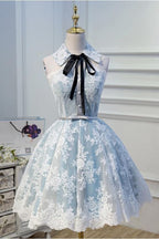 Light Sky Blue Halter Homecoming with Lace Appliques Cute Short Formal Dress