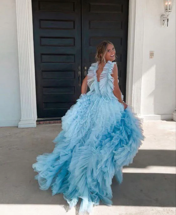 Light Sky Blue Tulle Princess Ruffle Straps With Tiered Long Prom Dress