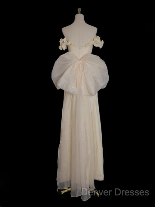 Light Yellow A-Line Satin Off-Shoulder Tulle Long Prom Dress Graduation Prom Dress Wedding Dress
