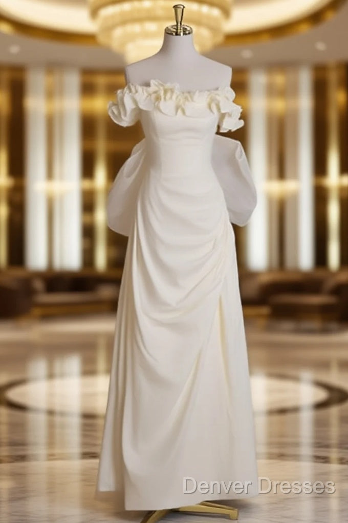 Light Yellow A-Line Satin Off-Shoulder Tulle Long Prom Dress Graduation Prom Dress Wedding Dress Main image