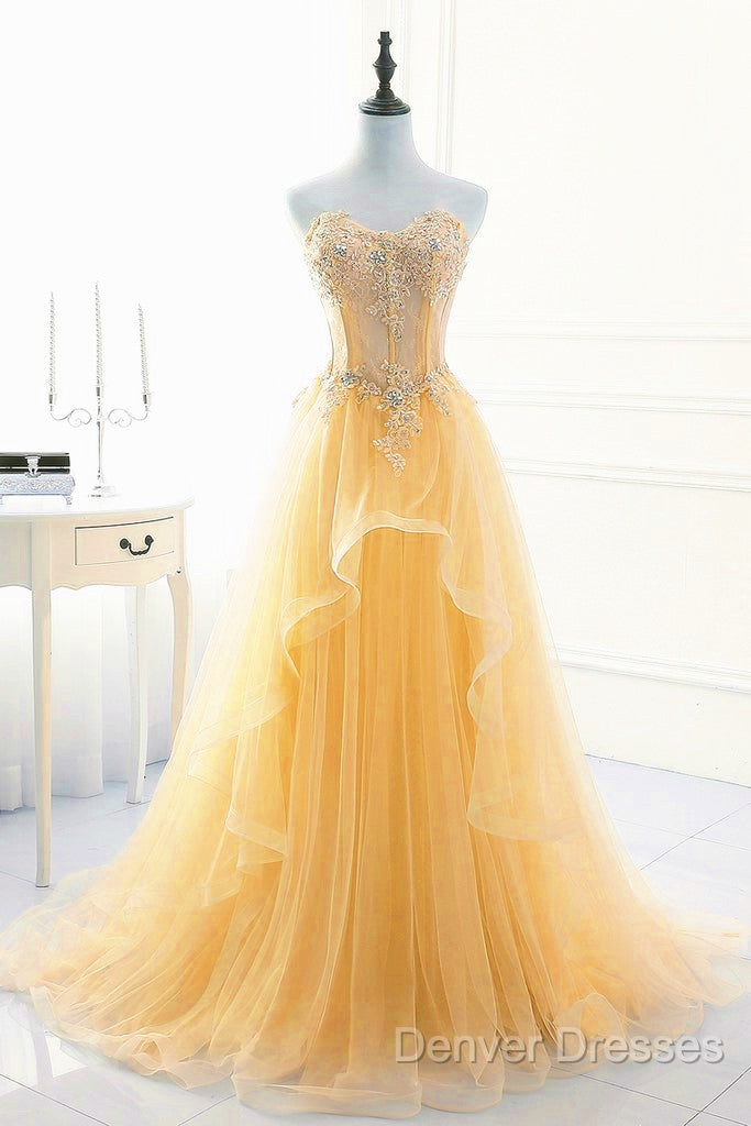 Light Yellow Beaded Tulle Long Party Dress Prom Dress, Yellow Formal Dress Secondary image