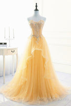 Light Yellow Beaded Tulle Long Party Dress Prom Dress, Yellow Formal Dress